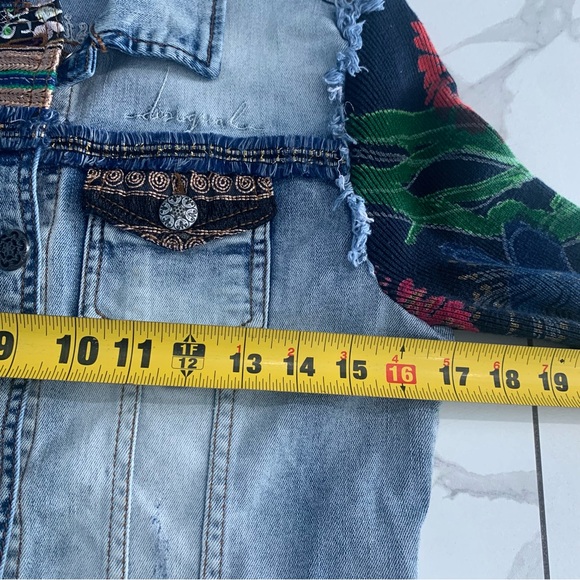 Desigual Denim Jacket Sz 34 Women Embellished Sequin Floral Knit Sleeves - Picture 4 of 11